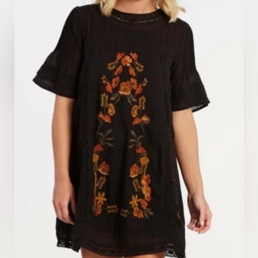 Free People Peasant Dress Black Lace + Orange + Ochre Embroidered Flowers XS